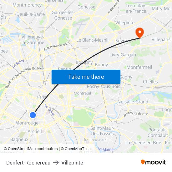 Denfert-Rochereau to Villepinte map
