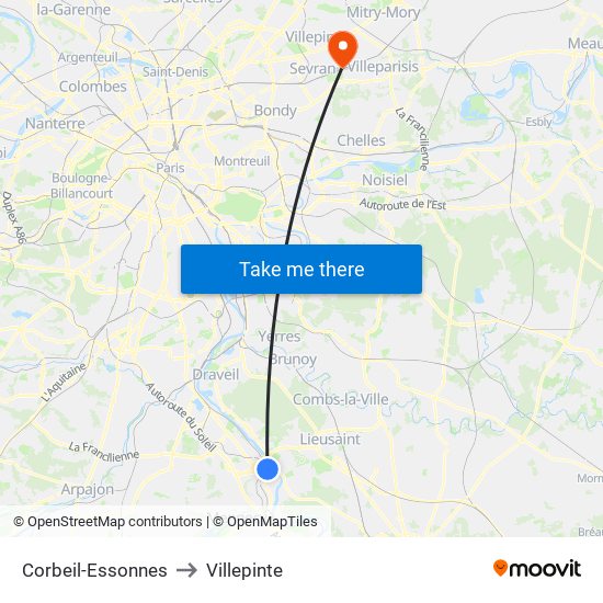 Corbeil-Essonnes to Villepinte map