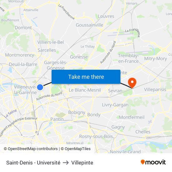Saint-Denis - Université to Villepinte map