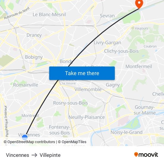 Vincennes to Villepinte map