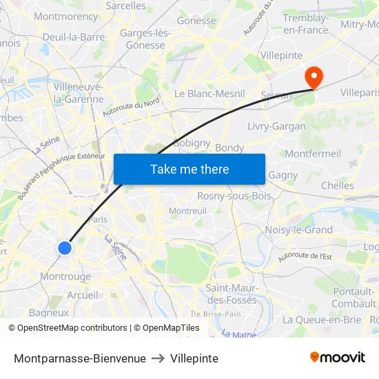 Montparnasse-Bienvenue to Villepinte map