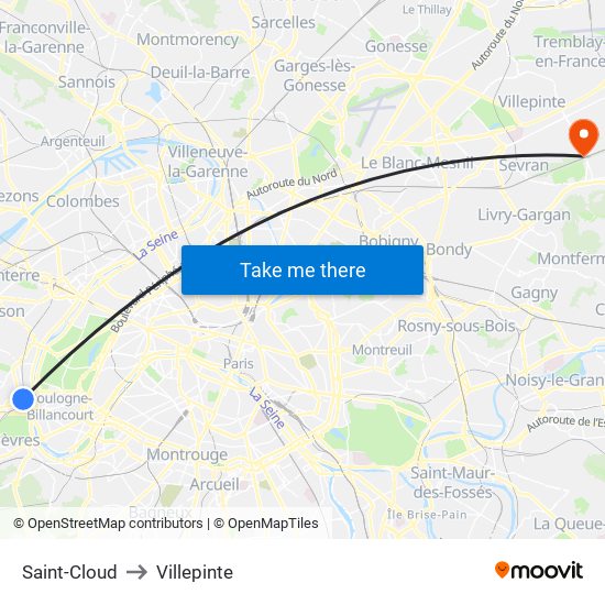 Saint-Cloud to Villepinte map