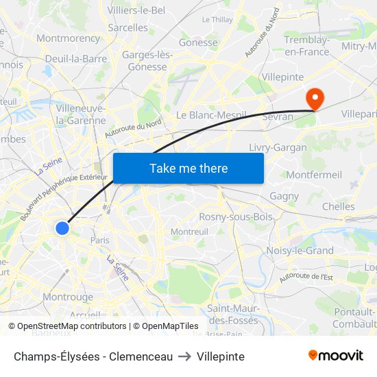 Champs-Élysées - Clemenceau to Villepinte map