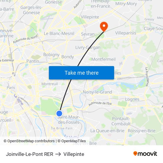 Joinville-Le-Pont RER to Villepinte map