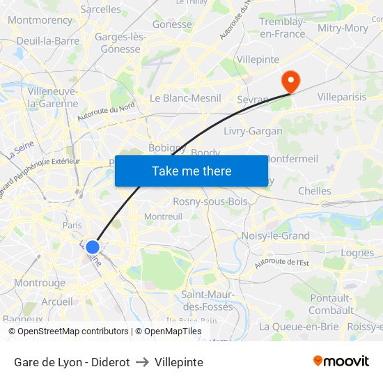 Gare de Lyon - Diderot to Villepinte map