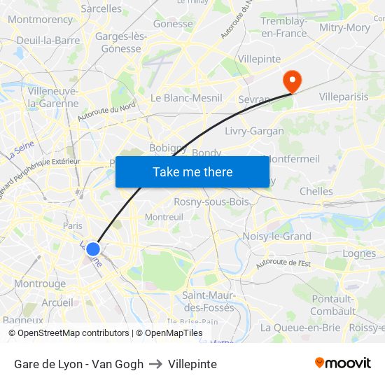 Gare de Lyon - Van Gogh to Villepinte map