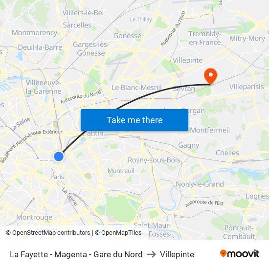 La Fayette - Magenta - Gare du Nord to Villepinte map