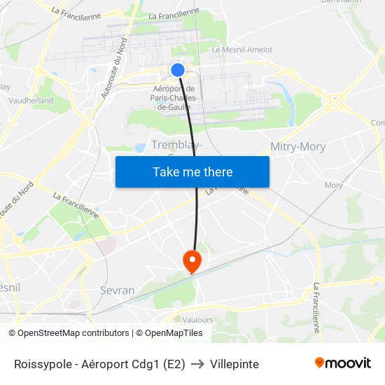 Roissypole - Aéroport Cdg1 (E2) to Villepinte map