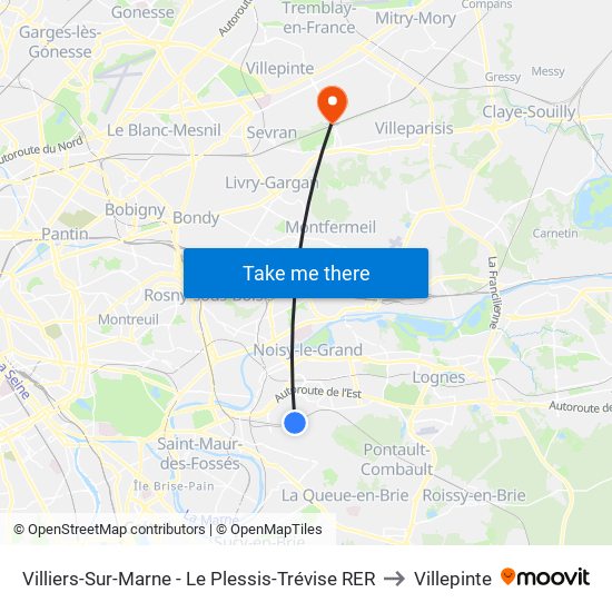 Villiers-Sur-Marne - Le Plessis-Trévise RER to Villepinte map