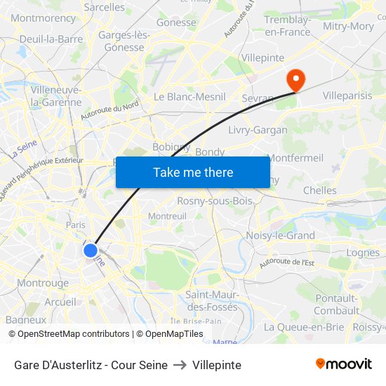 Gare D'Austerlitz - Cour Seine to Villepinte map