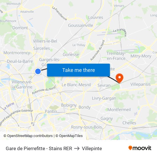 Gare de Pierrefitte - Stains RER to Villepinte map