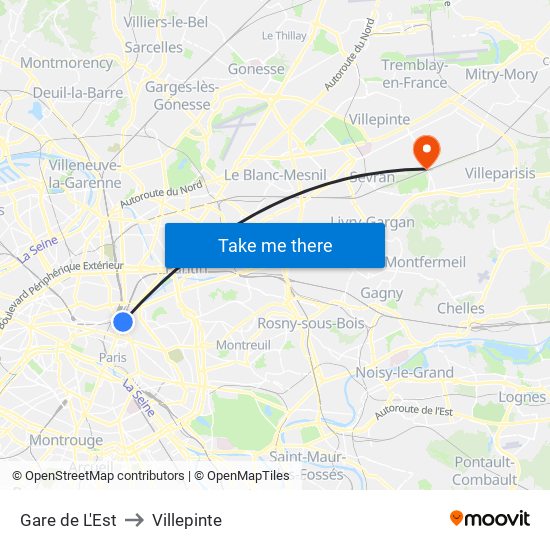 Gare de L'Est to Villepinte map