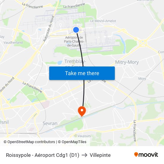 Roissypole - Aéroport Cdg1 (D1) to Villepinte map