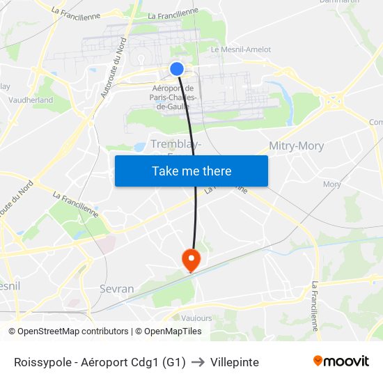 Roissypole - Aéroport Cdg1 (G1) to Villepinte map