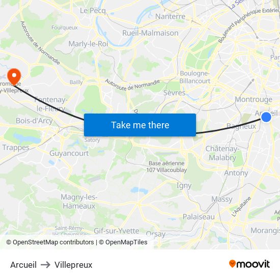 Arcueil to Villepreux map