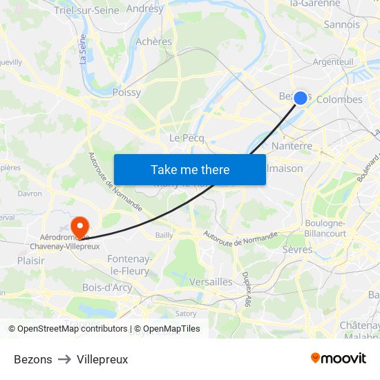 Bezons to Villepreux map