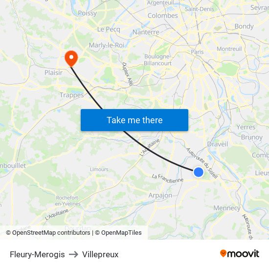 Fleury-Merogis to Villepreux map