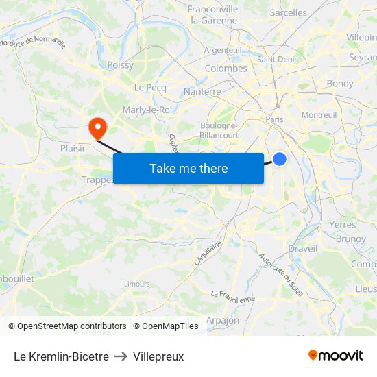 Le Kremlin-Bicetre to Villepreux map