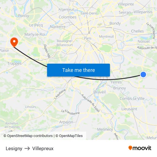 Lesigny to Villepreux map