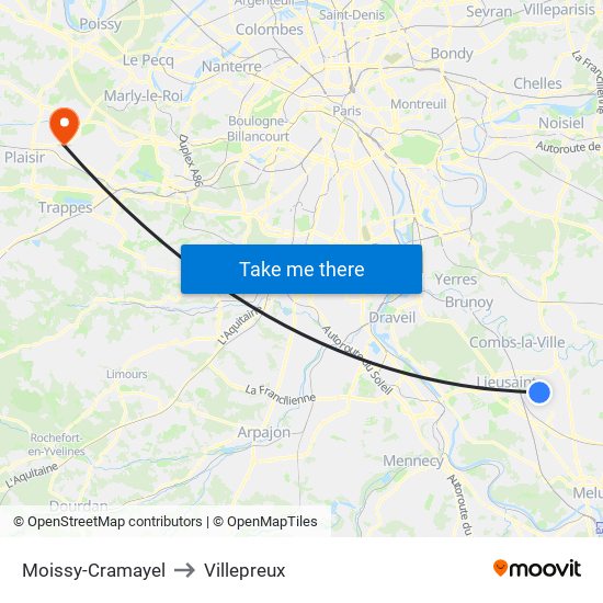 Moissy-Cramayel to Villepreux map