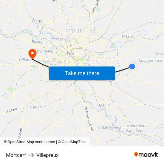 Mortcerf to Villepreux map