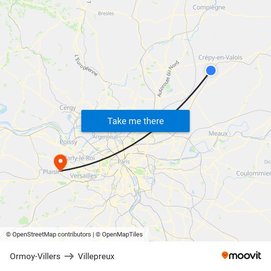 Ormoy-Villers to Villepreux map