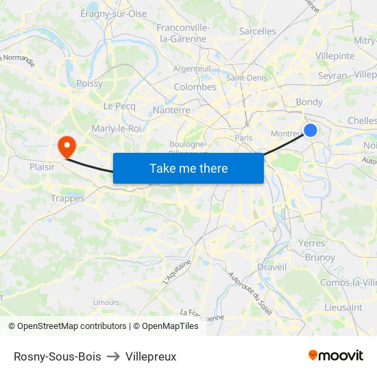 Rosny-Sous-Bois to Villepreux map