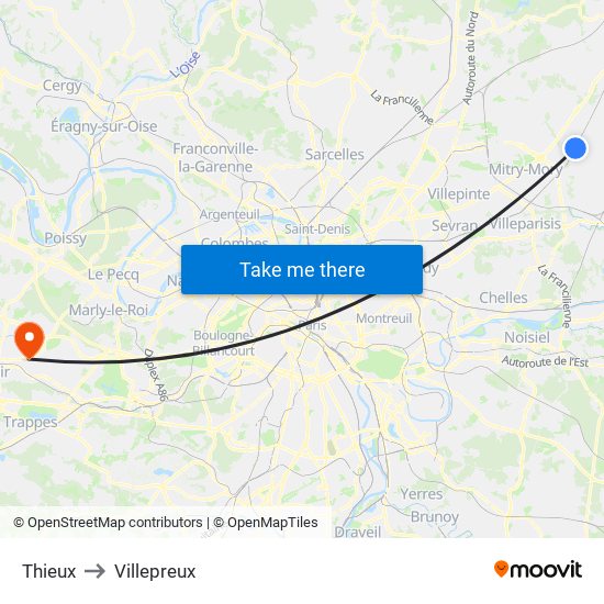 Thieux to Villepreux map