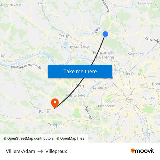 Villiers-Adam to Villepreux map