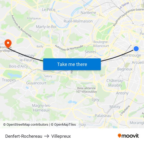 Denfert-Rochereau to Villepreux map