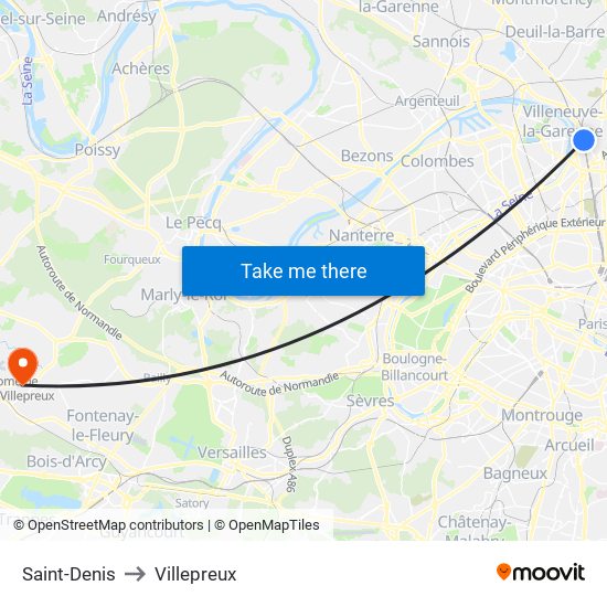 Saint-Denis to Villepreux map