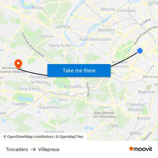 Trocadéro to Villepreux map