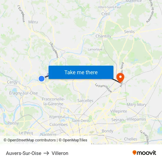 Auvers-Sur-Oise to Villeron map