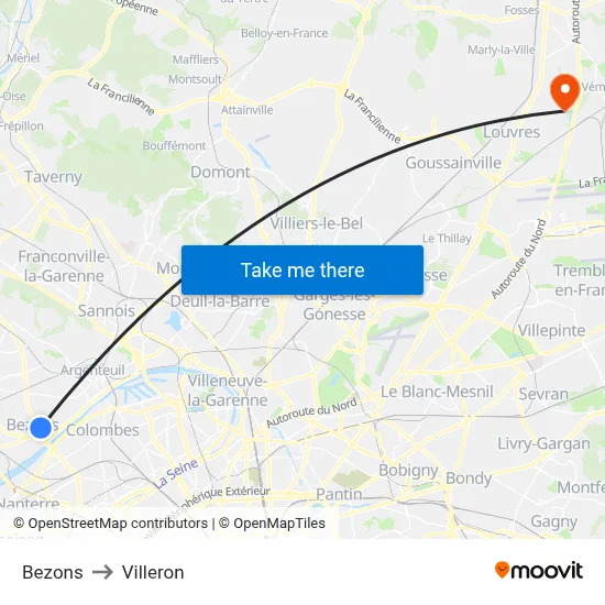 Bezons to Villeron map