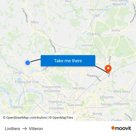 Livilliers to Villeron map