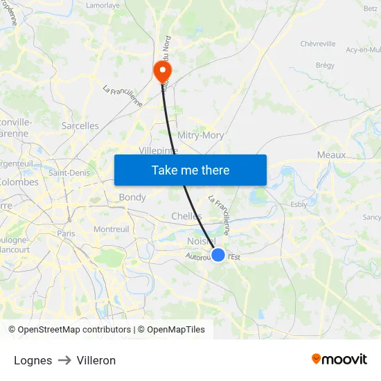 Lognes to Villeron map