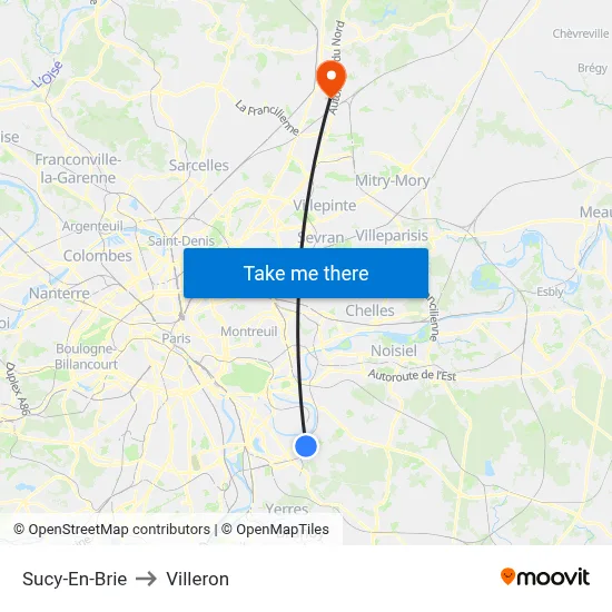 Sucy-En-Brie to Villeron map