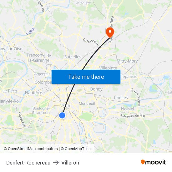 Denfert-Rochereau to Villeron map