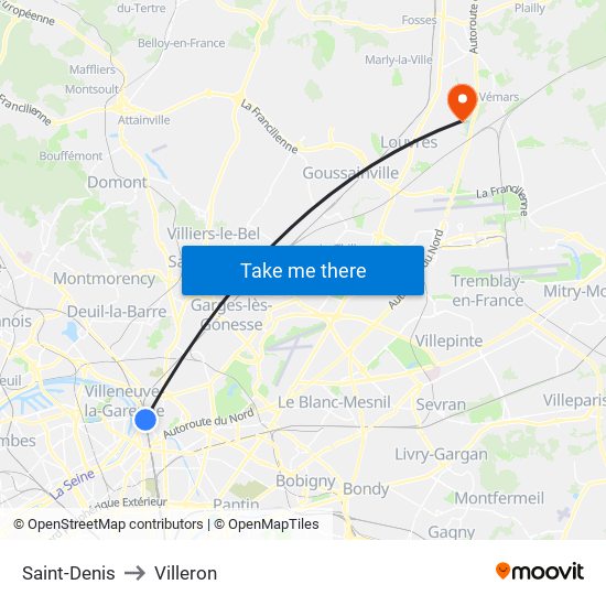 Saint-Denis to Villeron map