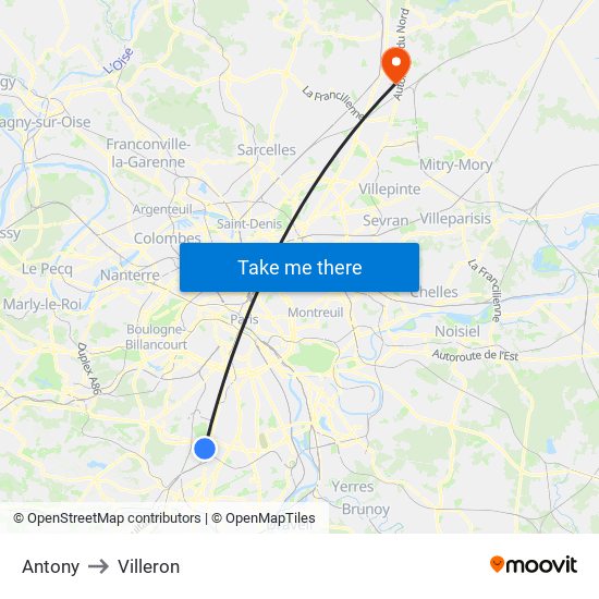 Antony to Villeron map