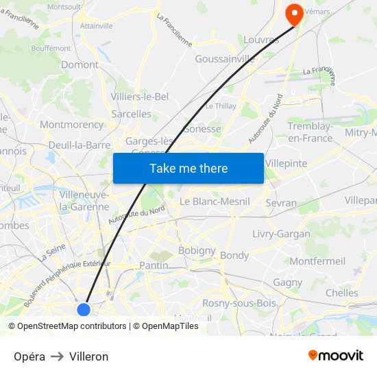 Opéra to Villeron map