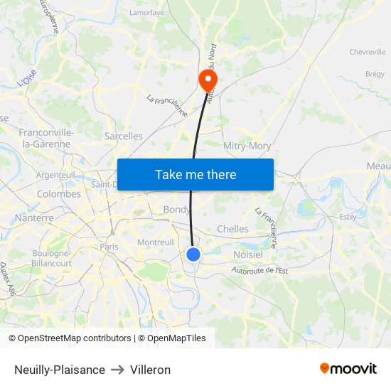 Neuilly-Plaisance to Villeron map