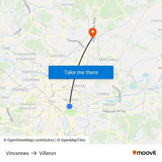 Vincennes to Villeron map