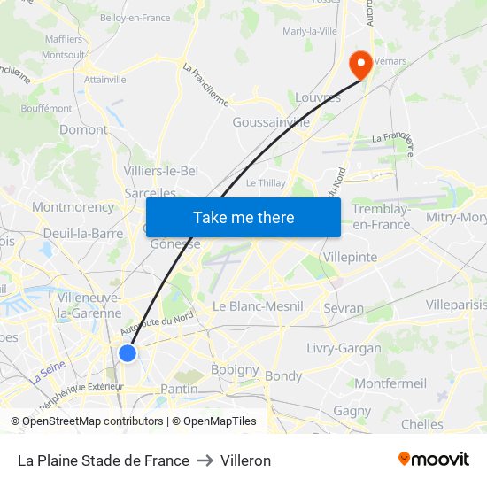 La Plaine Stade de France to Villeron map