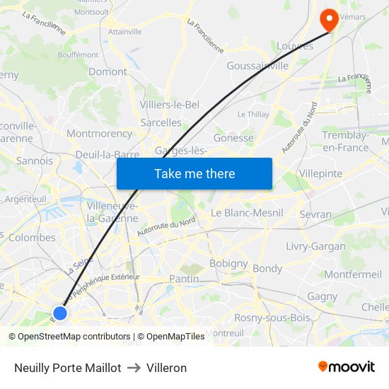 Neuilly Porte Maillot to Villeron map