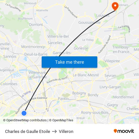 Charles de Gaulle Etoile to Villeron map