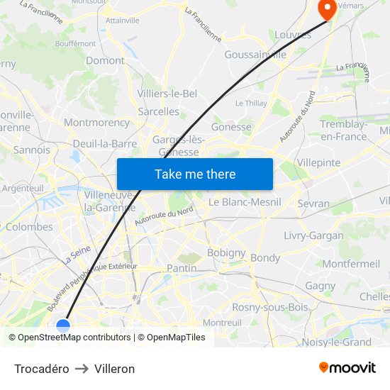 Trocadéro to Villeron map