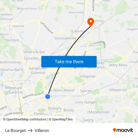 Le Bourget to Villeron map