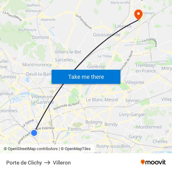 Porte de Clichy to Villeron map