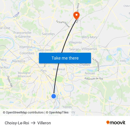 Choisy-Le-Roi to Villeron map